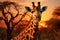 Graceful giraffe against the African sunset, its long neck elegantly extended, with the warm hues of the sky and the silhouette of