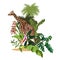 Graceful giraffe and tropical flowers palm leaves composition.