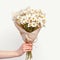 Graceful hand cradles chamomile bouquet against clean white background