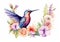 Graceful hummingbird amidst blooming flowers on a white background. Generative Ai