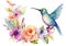 Graceful hummingbird amidst blooming flowers on a white background. Generative Ai