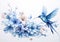 Graceful hummingbird amidst blooming flowers on a white background. Generative Ai