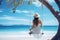 A graceful lady in long skirt on a swing by a beautiful sandy beach.