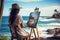 A graceful lady work on a painting at beach. Summer tropical vacation concept.