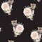 Graceful leopard and Dahlia lilies flowers and herbs seamless pattern. Savana cat.