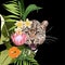 Graceful leopard and tropical leaves. Savana cat. Elegant poster, t-shirt composition.