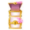 Graceful pink treasure chest decorated with flower buds and ribbon with bowknot. Vector illustration.