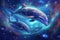 Graceful pod of space dolphins gracefully glides through the cosmic ocean, their bioluminescent glow illuminating universe