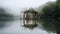 Graceful Sculptures: A Wooden Hut In A Lake With Fog