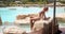 Graceful sensual woman in white swimwear enjoying hot day sitting on stone at poolside