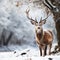 Graceful snowy deer stands in a serene snowy landscape