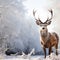 Graceful snowy deer stands in a serene snowy landscape