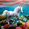 A graceful underwater unicorn with a shimmering iridescent horn, swimming among coral reefs and colorful fish1, Generative AI