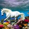 A graceful underwater unicorn with a shimmering iridescent horn, swimming among coral reefs and colorful fish3, Generative AI