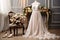 Graceful wedding attire dress, shoes, bouquet, showcased in an exquisitely adorned room