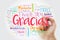 Gracias Thank You in Spanish word cloud in different languages with marker