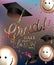 Grad party invitation card with smiling air balloons, confetti and graduation caps