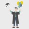 Grad student in an academic gown throws black mortarboard in the air