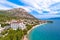 Gradac village on Makarska riviera waterfront aerial view