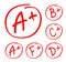 Grade results set. Hand drawn vector grade in red circle. Test exam mark report
