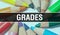 Grades concept banner with texture from colorful items of education, science objects and 1 september School supplies. grades with