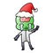 gradient cartoon of a big brain alien crying and giving peace sign wearing santa hat