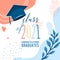 Graduate 2021 vector background, greeting card. Trendy design illustration of congratulation graduation with cap, plant