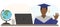 Graduate boy is sitting at desk in front of laptop and welcome graduates. Virtual online graduation. Vector illustration