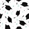 Graduate caps in the air, seamless pattern. Vector cartoon grad hats in different positions isolated on white background