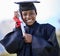 Graduate, certificate with education and black woman portrait, university success and graduation with achievement