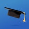 Graduate college, high school or university cap isolated on blue background. Vector 3d degree ceremony hat banner.