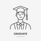 Graduate doodle line icon. Vector thin outline illustration of student in square academic cap. Black color linear sign