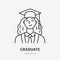 Graduate doodle line icon. Vector thin outline illustration of woman student in square academic cap. Black color linear