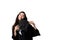 Graduate girl with master degree in black graduation gown and cap on white background. Distance learning online. Study