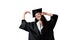 Graduate girl with master degree in black graduation gown and cap on white background. Happy young woman careerist have