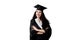 Graduate girl with master degree in black graduation gown and cap on white background. Happy young woman careerist have