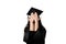 Graduate girl with master degree in black graduation robe and cap on white background. Happy young woman careerist have