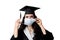 Graduate girl in medical mask at coronavirus covid-19 period. Woman with master degree in black graduation gown and cap