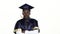 Graduate in the graduation form expresses refusal. White. Close up