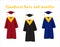 Graduate hats, academic squares or student caps and mantles in different colors. Set of graduation ceremonial clothing