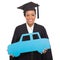 Graduate holding car symbol