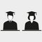 Graduate icon in flat style. man and woman in a black suit with a tie and square academic cap.