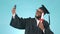 Graduate, selfie and certificate of happy black man in studio for celebration of education achievement. Diploma