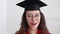 Graduate student blogger in cap talk about education portrait, smart woman discuss studying Spbi