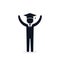Graduate student boy in square hat raise hands vector icon. Male in mortar hat and graduation academic wear