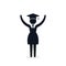 Graduate student girl in square hat raise hands vector icon. Female in mortar hat and graduation academic wear