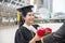Graduate Students and Success Education in University Concept. Happy Couple of Asian students graduate diploma and MBA degree in