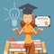 Graduate woman cartoon character, vector illustration. College student girl with education certificate. University