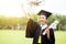 Graduate woman students wearing graduation hat and gown