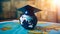 Graduated study abroad international Conceptual, Graduation hat on top Earth globe. generative ai